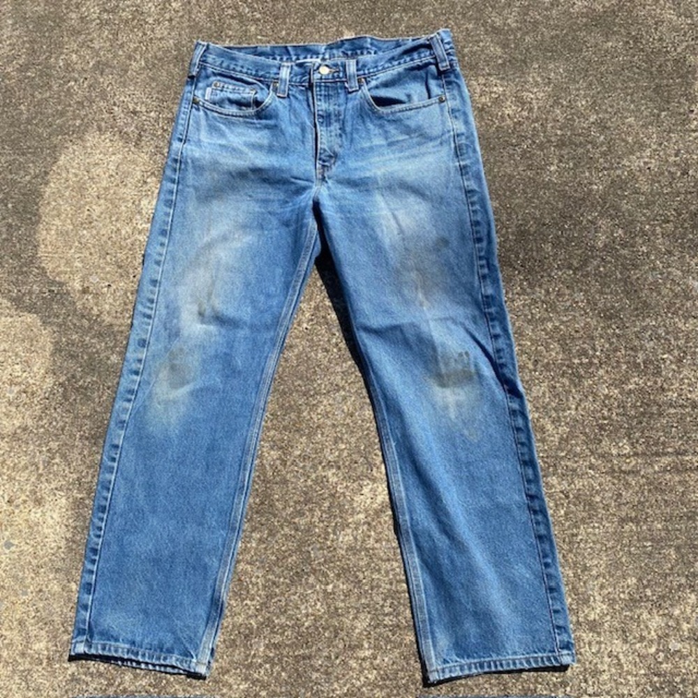 Carhartt B480 Relaxed Fit Tapered Leg Jeans Mens 36x30 Blue Grunge Stained Denim